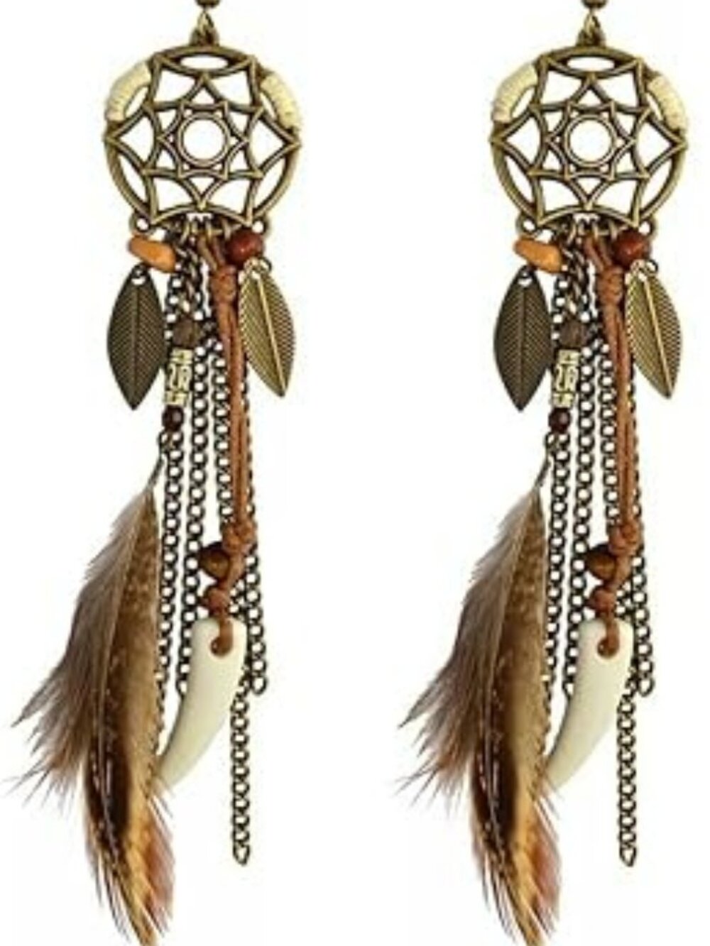 NEW Boho Brown Dream Catcher Feather Earrings Bohemian Ethnic Dangle Earrings